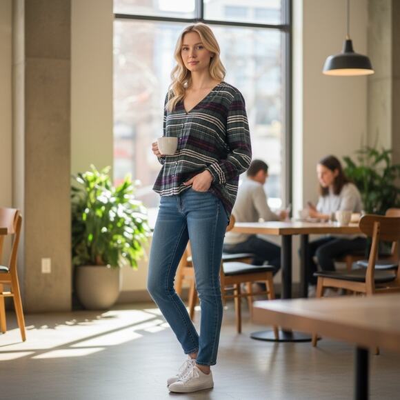 Madewell Plaid Button Up Shirt V Neck Pinview Blouse Relax Fit Stripe - Picture 9 of 9